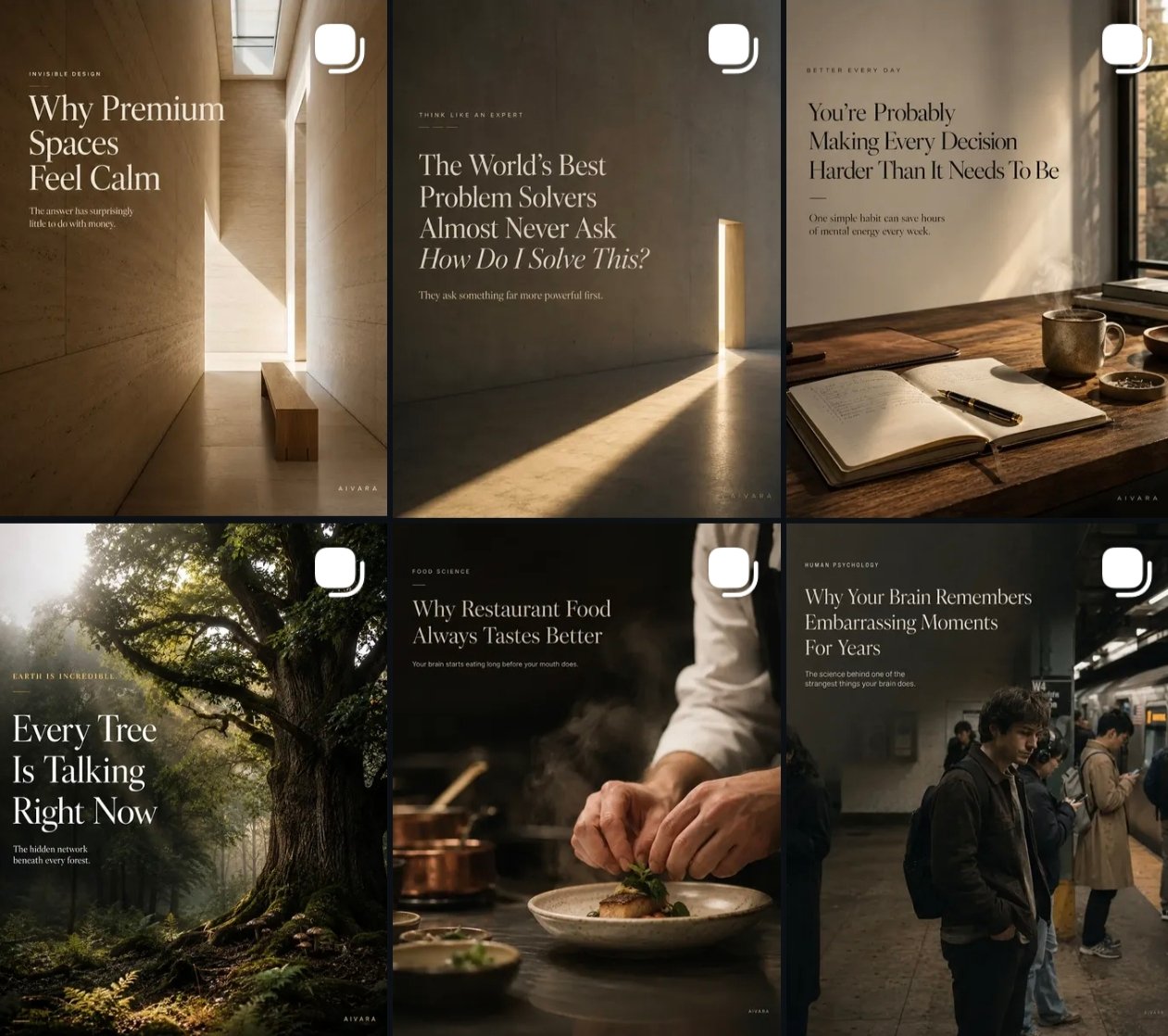 AIVARA Instagram feed, grid of AI-produced ad and content creative