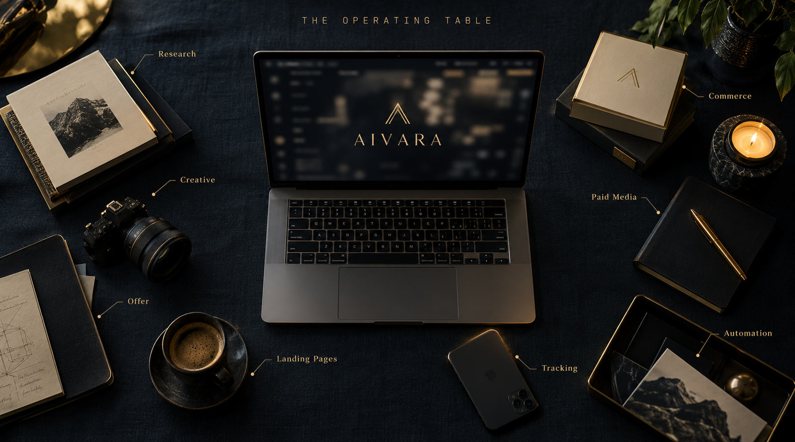 The operating table, AIVARA's ten-item operating stack laid out as a flat-lay desk photograph