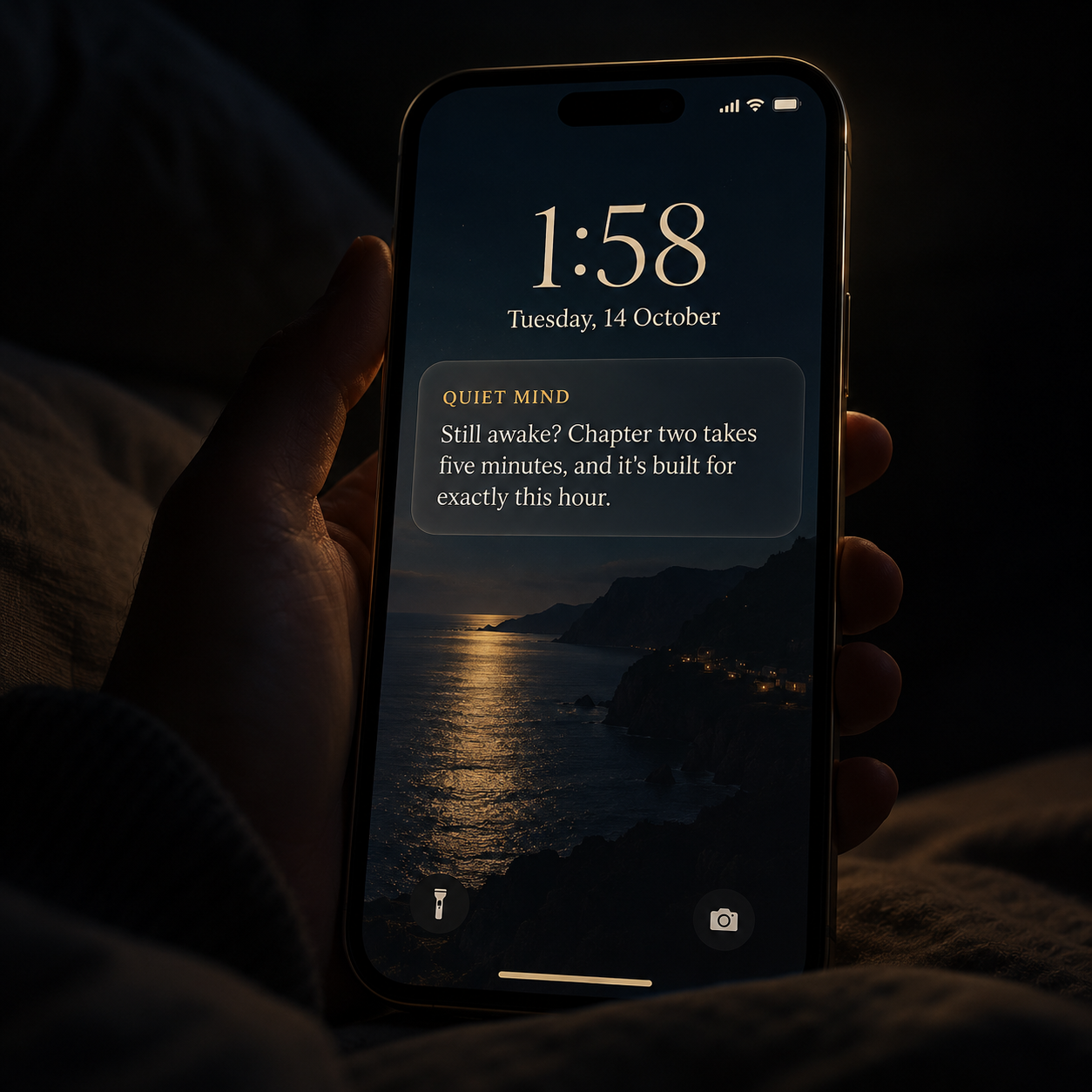 Quiet Mind Meta ad concept, iPhone lock screen notification at 1:58 AM