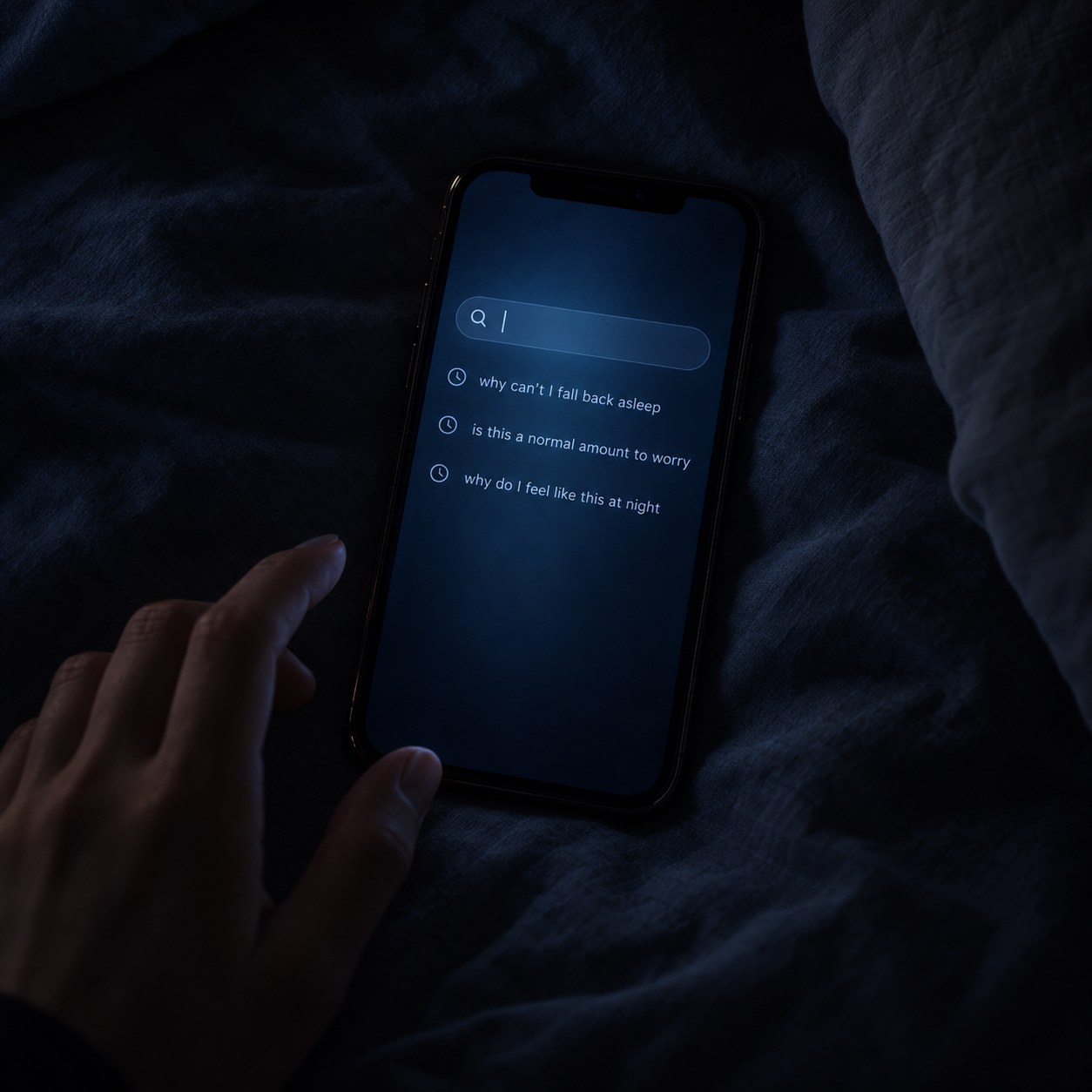 Quiet Mind Meta ad concept, late night phone search history creative