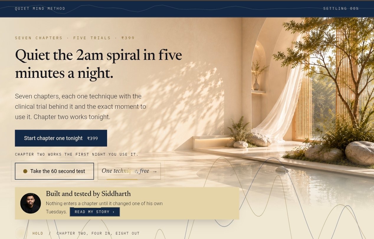 Quiet Mind landing page hero, 'Quiet the 2am spiral in five minutes a night', live at aivara.co.in/anxiety-relief
