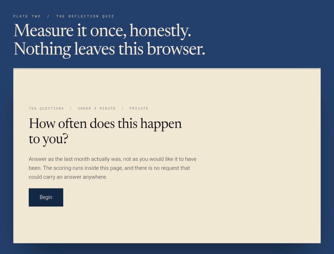 Quiet Mind reflection quiz section, 'measure it once, honestly, nothing leaves this browser'