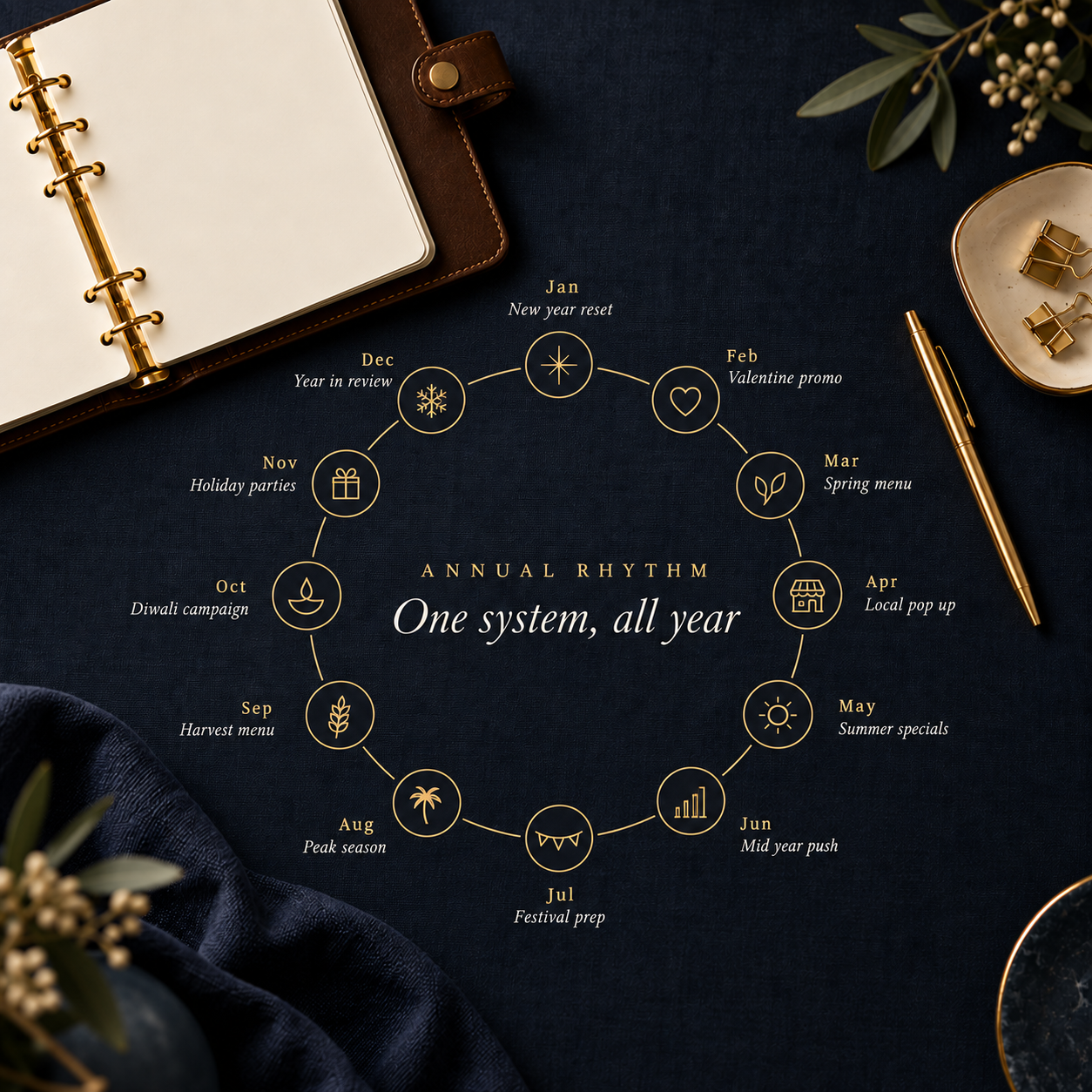AIVARA Restaurant Growth Engine, annual rhythm wheel mapping twelve months of restaurant marketing